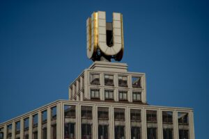 The iconic Dortmund U-Tower in Germany stands tall under a clear blue sky, highlighting its unique architecture.