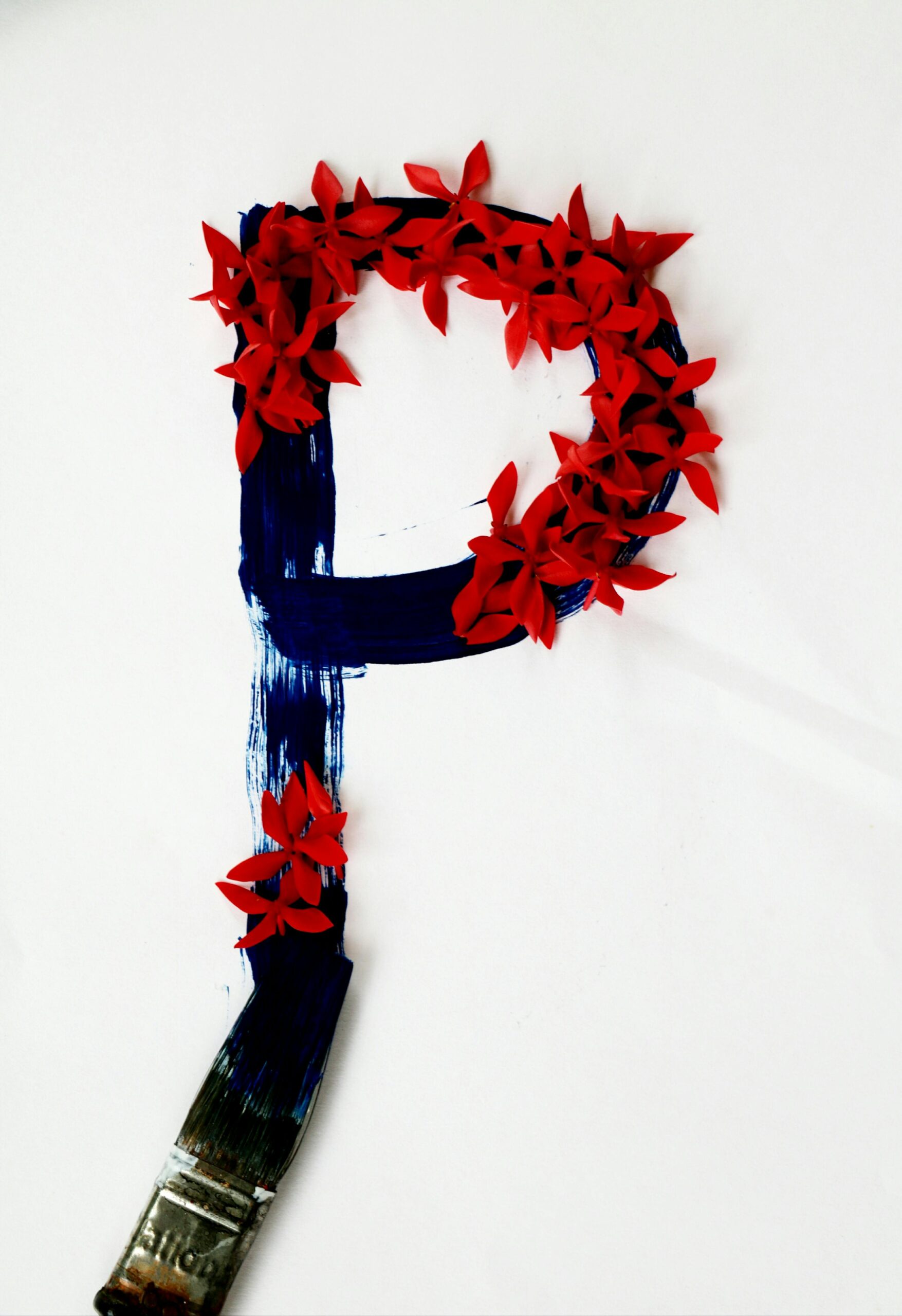 Artistic depiction of letter P with red flowers and blue paintbrush on white background.